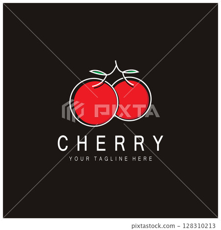 Fresh cherry fruit logo with minimalist leaf line art style. for fruit shop, cherry farm, cake, business, 128310213