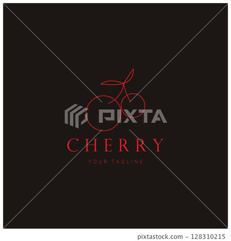 Fresh cherry fruit logo with minimalist leaf line art style. for fruit shop, cherry farm, cake, business, Fresh cherry fruit logo with minimalist leaf line art style. for fruit shop, cherry farm, cake, business, 128310215