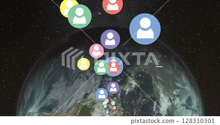 Multiple profile icons floating against light trails moving over spinning globe on black background Multiple profile icons floating against light trails moving over spinning globe on black background 128310301