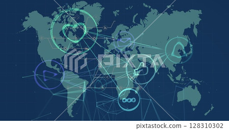 Network of digital icons against world map on blue background Network of digital icons against world map on blue background 128310302