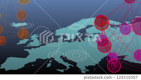 Globe of digital icons spinning against pulsating circles over world map on blue background Globe of digital icons spinning against pulsating circles over world map on blue background 128310307