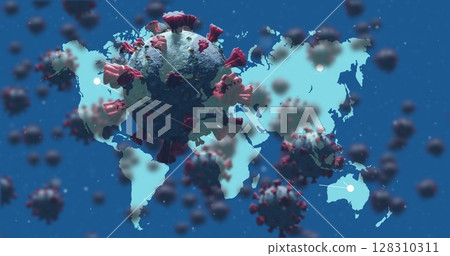 Multiple covid19 cells floating against world map on blue background 128310311