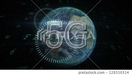 5g text and cyber security data processing against globe on black background 5g text and cyber security data processing against globe on black background 128310314