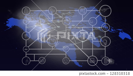 Network of digital icons against world map on black background 128310318