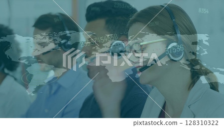 Multiple changing numbers over world map against team of customer care executive working 128310322