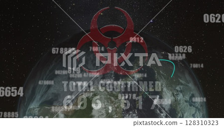 Multiple changing numbers over biohazard symbol with increasing cases against globe Multiple changing numbers over biohazard symbol with increasing cases against globe 128310323