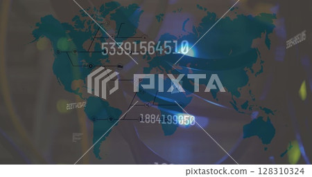 Multiple changing numbers over spots of light against world map 128310324