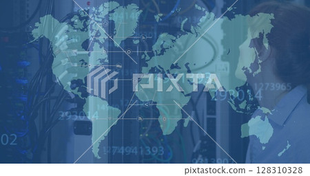 Multiple changing numbers over network of digital icons against woman smiling in server room 128310328