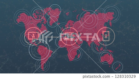 Network of digital icons over pulsating circles on world map against blue background 128310329