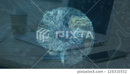 Microprocessor connections over spinning globe against office equipment on desk 128310332
