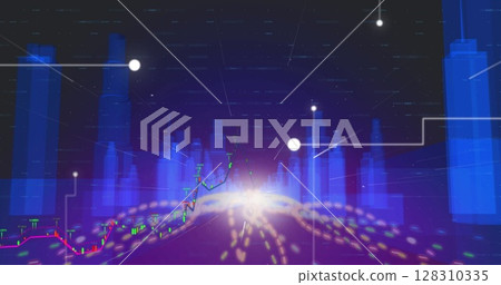 Light trails moving over 3d city model against blue background 128310335