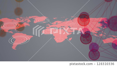 Globe of digital icons spinning against pulsating circles on world map against grey background 128310336