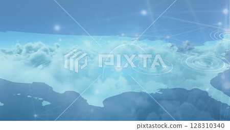 Network of connections over world map against clouds in the sky Network of connections over world map against clouds in the sky 128310340