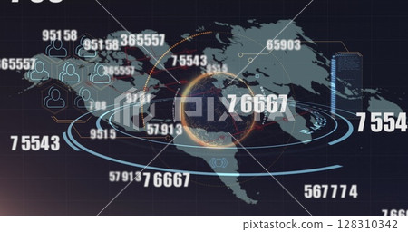 Multiple changing numbers over spinning globe against world map on blue background Multiple changing numbers over spinning globe against world map on blue background 128310342
