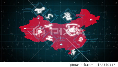 Image of digital interface showing red map and network of connected icons on black background 128310347
