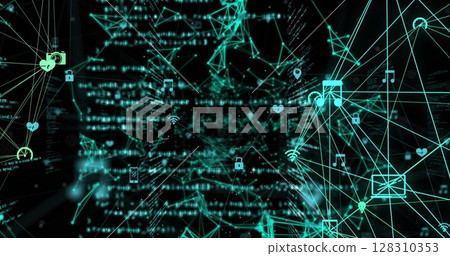 Image of interface showing network of connected media icons and information on black 128310353