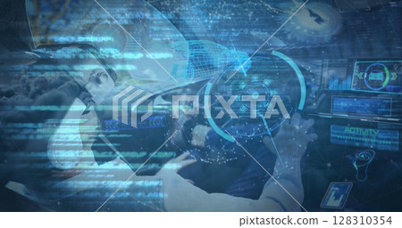 Image of information displays with man in vr headset using self driving car 128310354