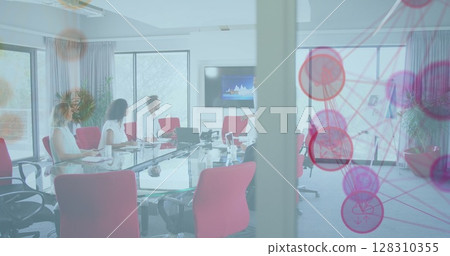 Image of network of connected icons with business colleagues at a presentation Image of network of connected icons with business colleagues at a presentation 128310355