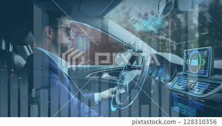 Image of interface showing statistic and information displays with man in self driving car Image of interface showing statistic and information displays with man in self driving car 128310356
