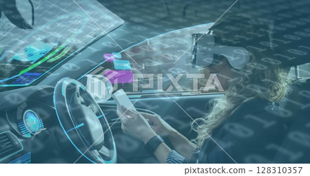 Image of information displays with woman in vr headset using smartphone in self driving car Image of information displays with woman in vr headset using smartphone in self driving car 128310357