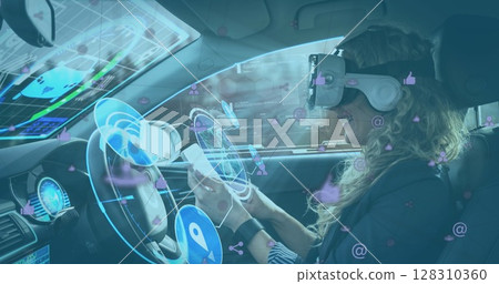 Image of displays and icons with woman in vr headset using smartphone in self driving car Image of displays and icons with woman in vr headset using smartphone in self driving car 128310360