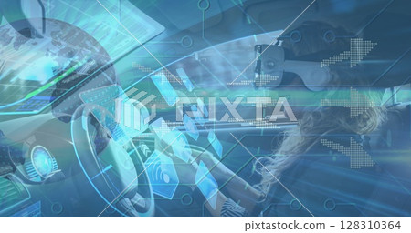 Digital icons against woman wearing vr headset using digital tablet in self driving car 128310364