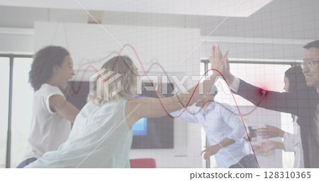 Financial data processing against group of office colleagues high fiving each other at office 128310365