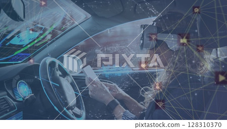 Image of connected icons with woman in vr headset using smartphone in self driving car 128310370