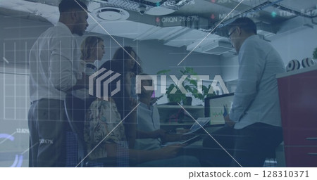 Image of interface with statistics and information with business colleagues working in office 128310371