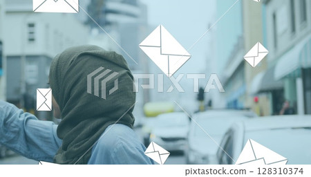 Image of floating mail icons with woman in hailing taxi in street Image of floating mail icons with woman in hailing taxi in street 128310374