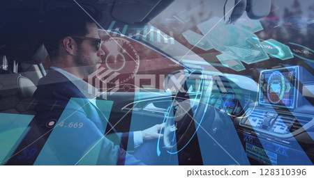 Image of information displays with man using self driving car 128310396