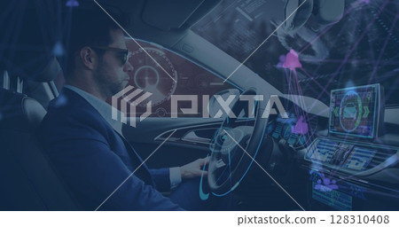 Image of information displays with man using self driving car 128310408