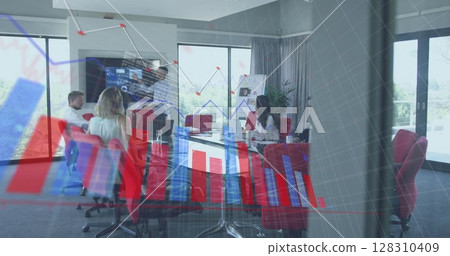 Image of interface showing data and statistics with business colleagues in meeting Image of interface showing data and statistics with business colleagues in meeting 128310409