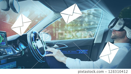 Image of email envelope icons with man in vr headset using self driving car 128310412