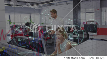 Financial data processing and digital icons against male and female colleague working together Financial data processing and digital icons against male and female colleague working together 128310428