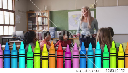 Image of multiple crayons over female teacher with schoolchildren Image of multiple crayons over female teacher with schoolchildren 128310452