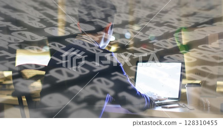 Binary coding data processing against rear view of boy using laptop and smartphone Binary coding data processing against rear view of boy using laptop and smartphone 128310455