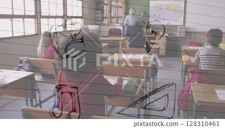 Multiple school concept icons floating against female teacher teaching group of student at school Multiple school concept icons floating against female teacher teaching group of student at school 128310461
