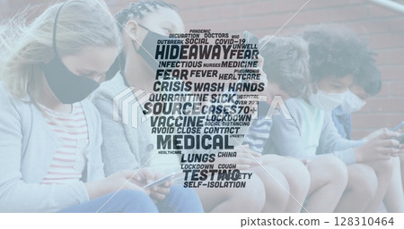 Multiple school concept texts against group of students wearing face masks using smartphones 128310464
