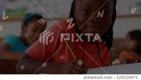 Image of letters changing over smiling schoolgirl wiritng Image of letters changing over smiling schoolgirl wiritng 128310471