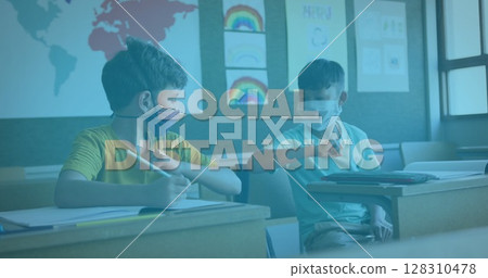 Social distancing text against two school boys wearing facemask greeting by touching elbows Social distancing text against two school boys wearing facemask greeting by touching elbows 128310478