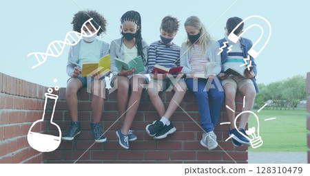 School concept icons against group of students wearing face mask reading books sitting on brick wall School concept icons against group of students wearing face mask reading books sitting on brick wall 128310479