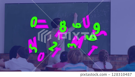 Multiple changing numbers and alphabets against female teacher teaching students at school 128310487