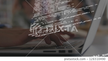 Digital composite image of data processing against person using laptop 128310490