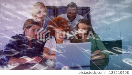 Image of binary coding over group of students using laptop Image of binary coding over group of students using laptop 128310498