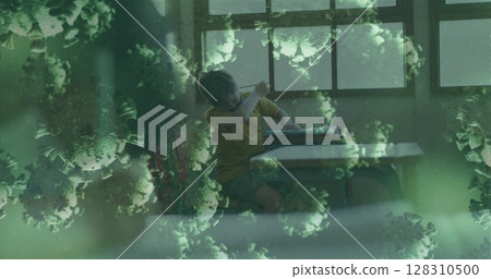 Image of covid 19 cells over schoolboy in face mask at school Image of covid 19 cells over schoolboy in face mask at school 128310500