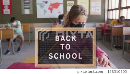 Image of back to school text over female teacher and school children at school Image of back to school text over female teacher and school children at school 128310503