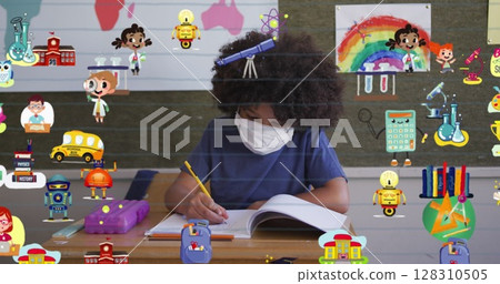 Image of school items icons over schoolboy in face mask writing at school Image of school items icons over schoolboy in face mask writing at school 128310505
