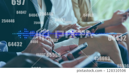 Digital composite image of multiple changing numbers against businesspeople using electronic devices 128310506
