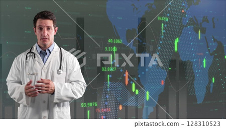 Image of statistics recording over portrait of male doctor talking Image of statistics recording over portrait of male doctor talking 128310523